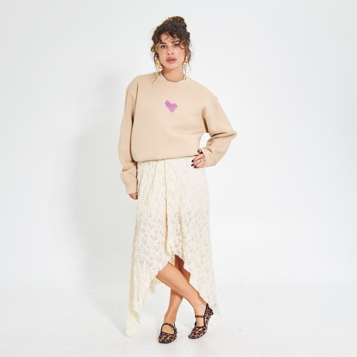Bej Bisiklet Yaka Kadın No Fear Ön ve Baskılı Oversize Sweatshirt