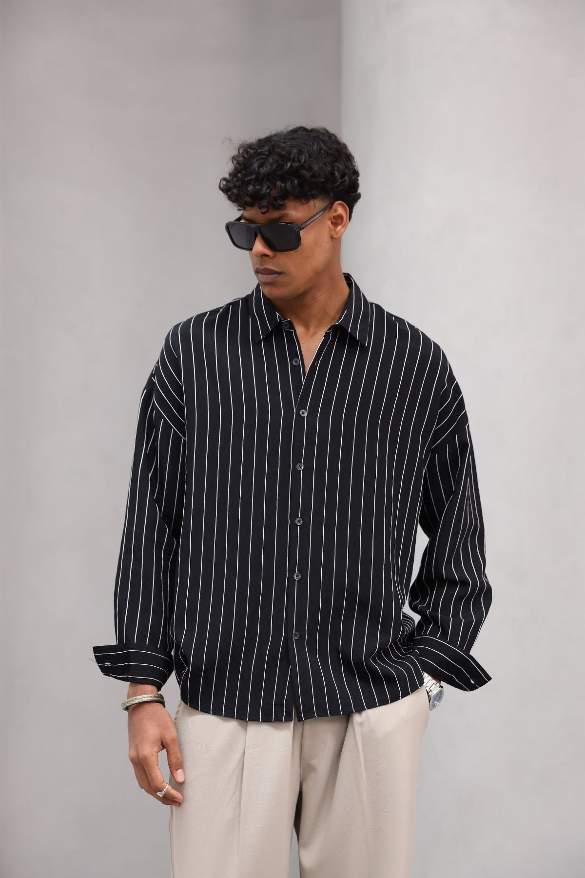 Çizgili Naturel Renk Oversize Erkek Gömlek