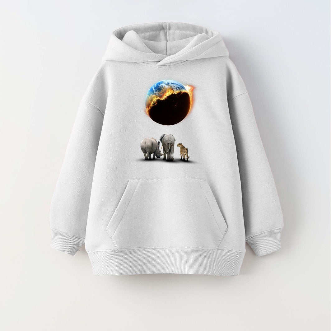 Beyaz Kapüşonlu İçi Polar Burning World And Animals Baskılı Unisex Çocuk Sweatshirt