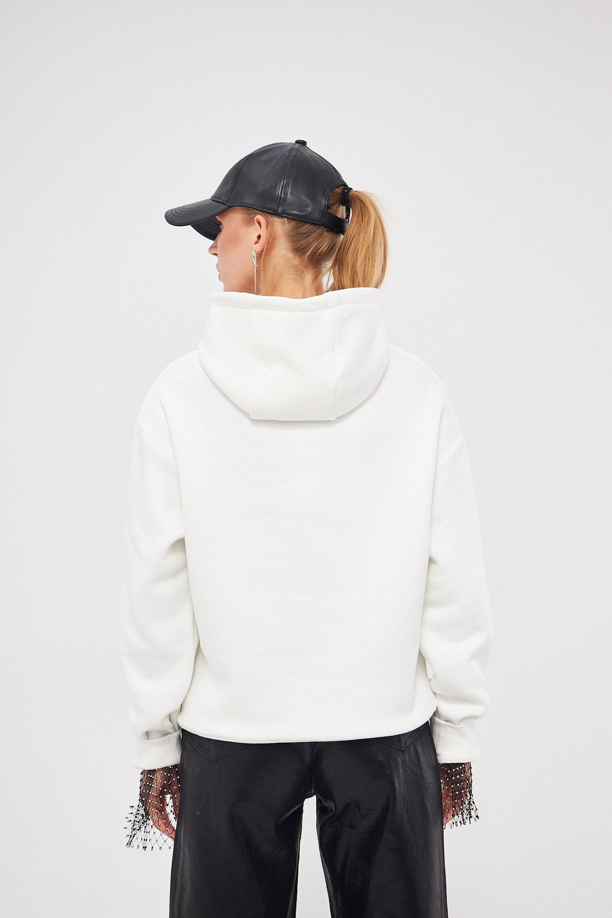 Kapüşonlu İçi Polar Taş Baskılı Beyaz Oversize Hoodie Sweatshirt