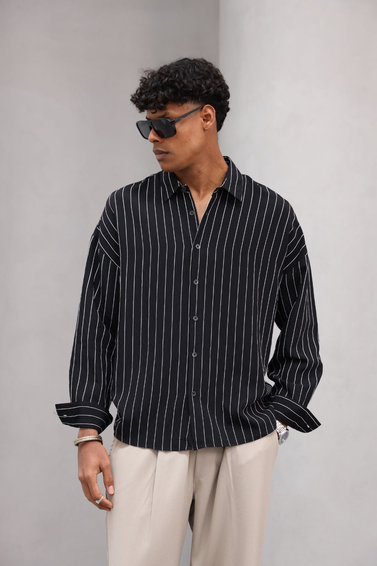 Çizgili Naturel Renk Oversize Erkek Gömlek