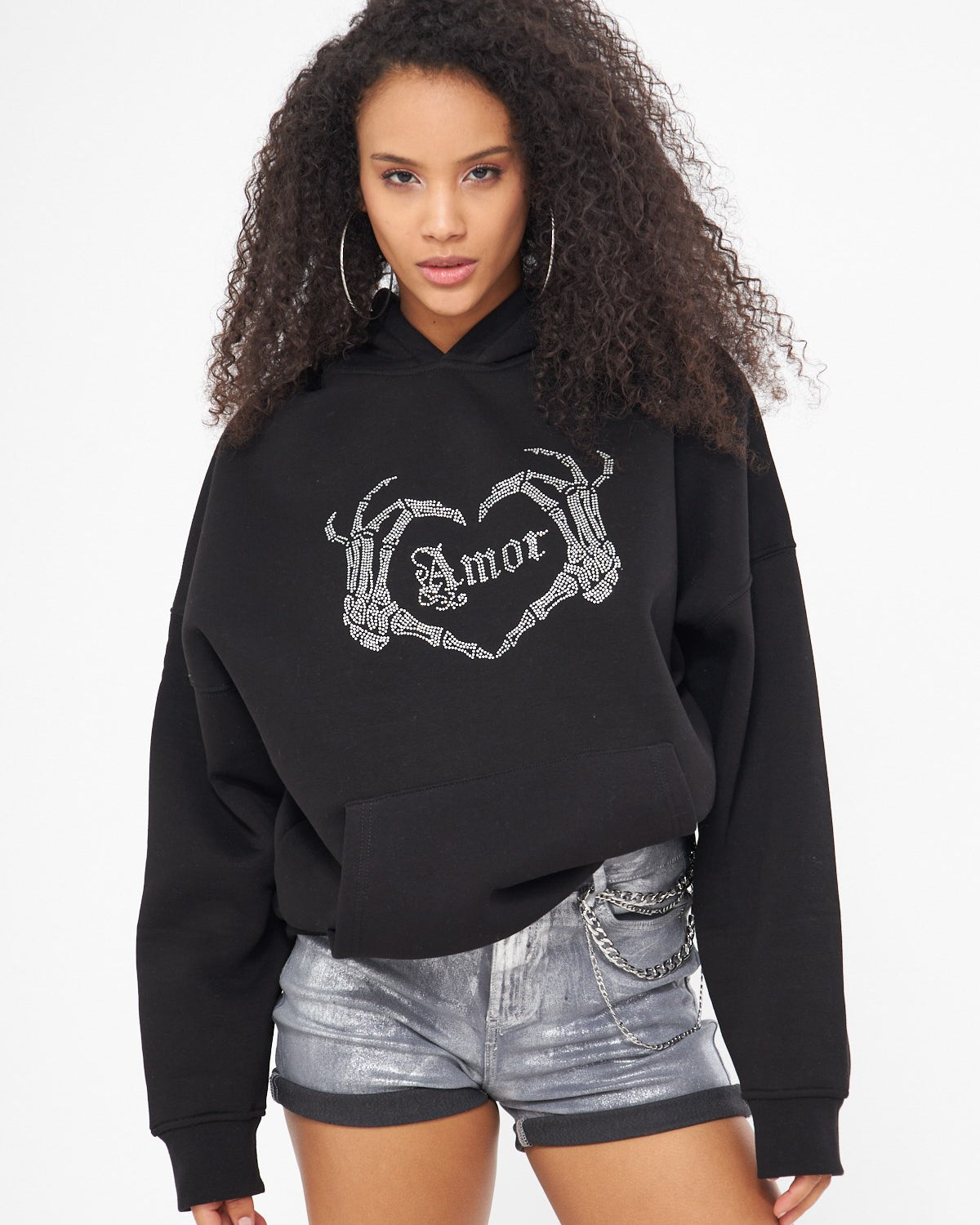Amor Yazılı Taş Baskılı Kapüşonlu İçi Polar Oversize Siyah Sweatshirt