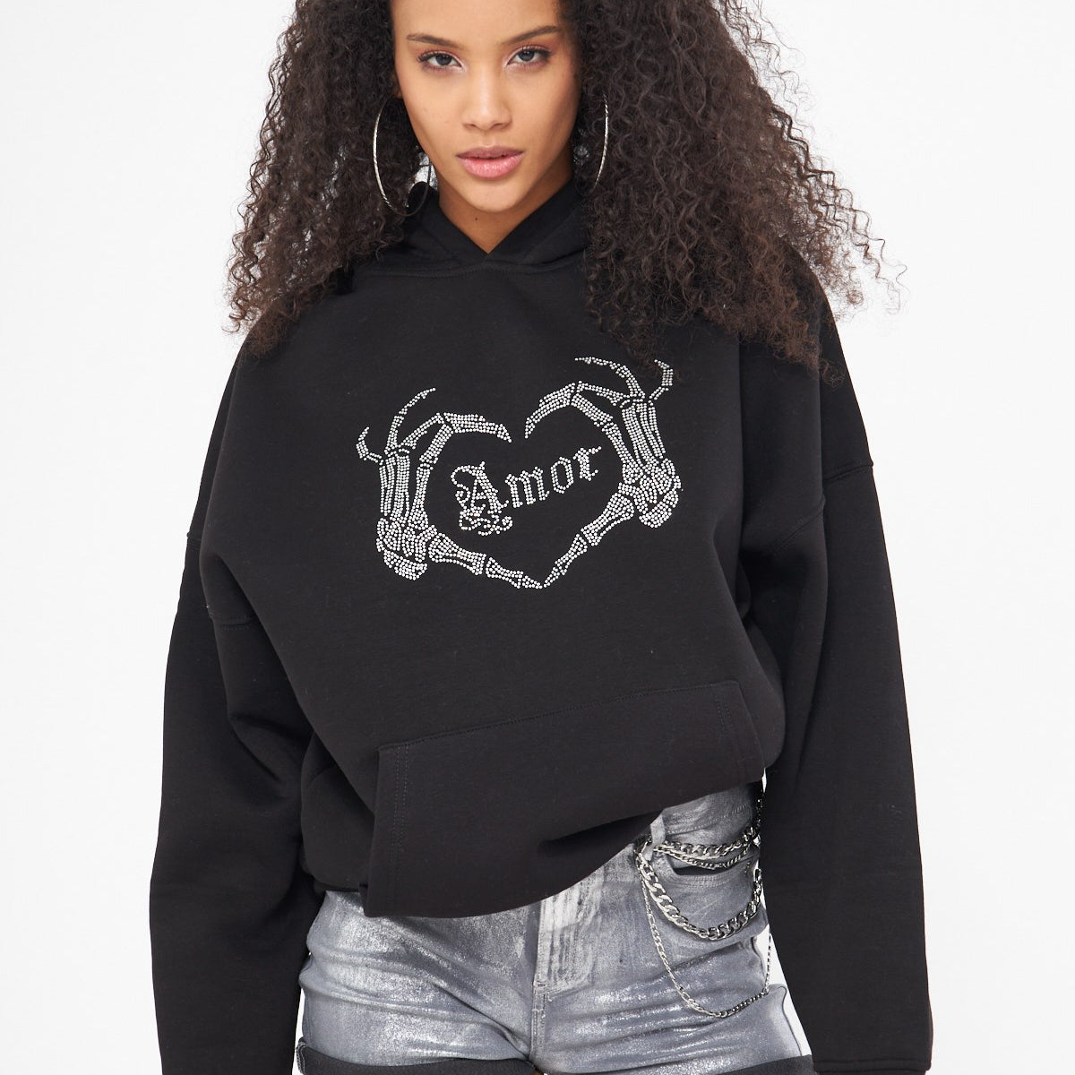 Amor Yazılı Taş Baskılı Kapüşonlu İçi Polar Oversize Siyah Sweatshirt