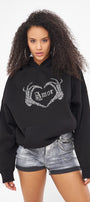 Amor Yazılı Taş Baskılı Kapüşonlu İçi Polar Oversize Siyah Sweatshirt