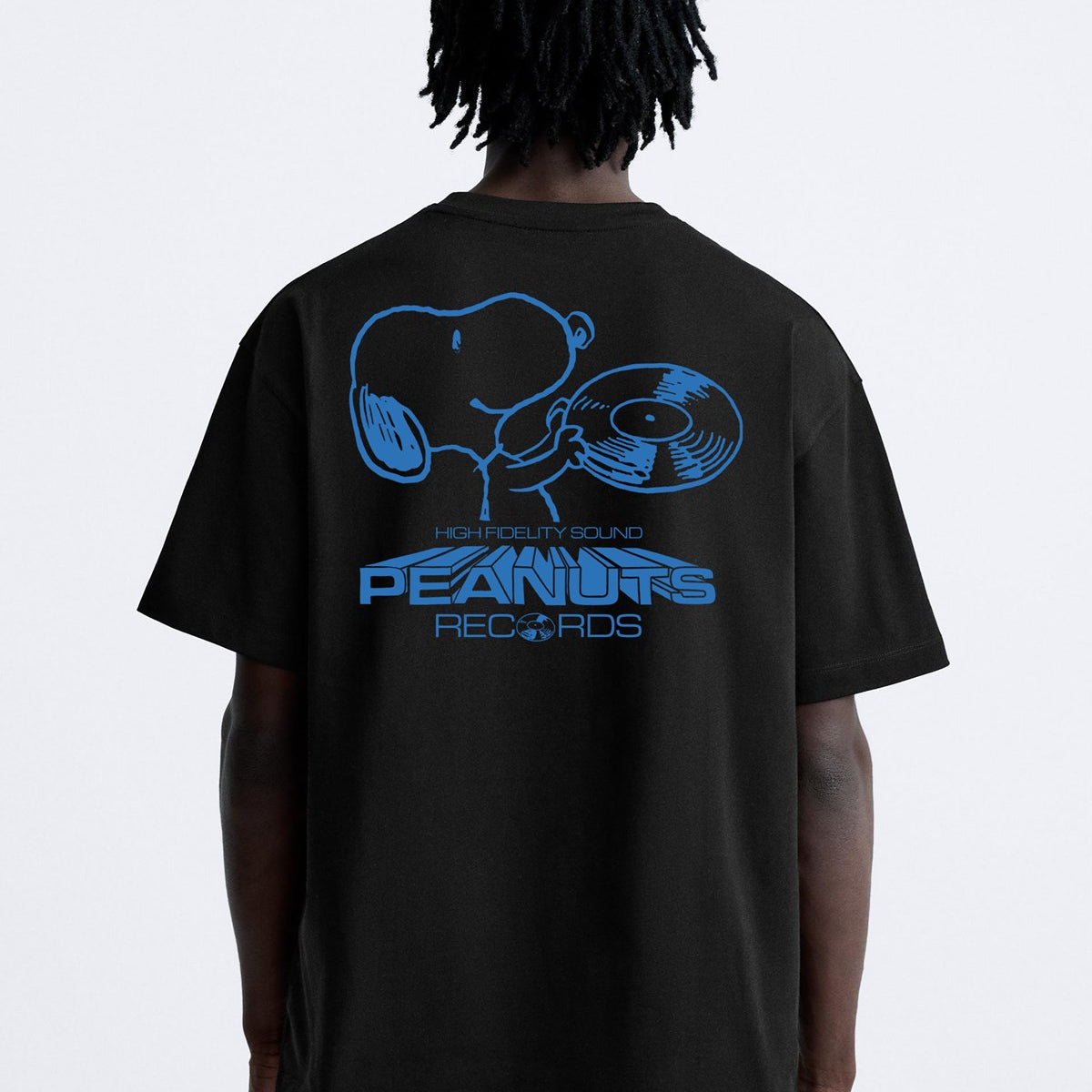 Bisiklet Yaka Peanuts Records Baskılı Oversize Siyah Erkek T-shirt