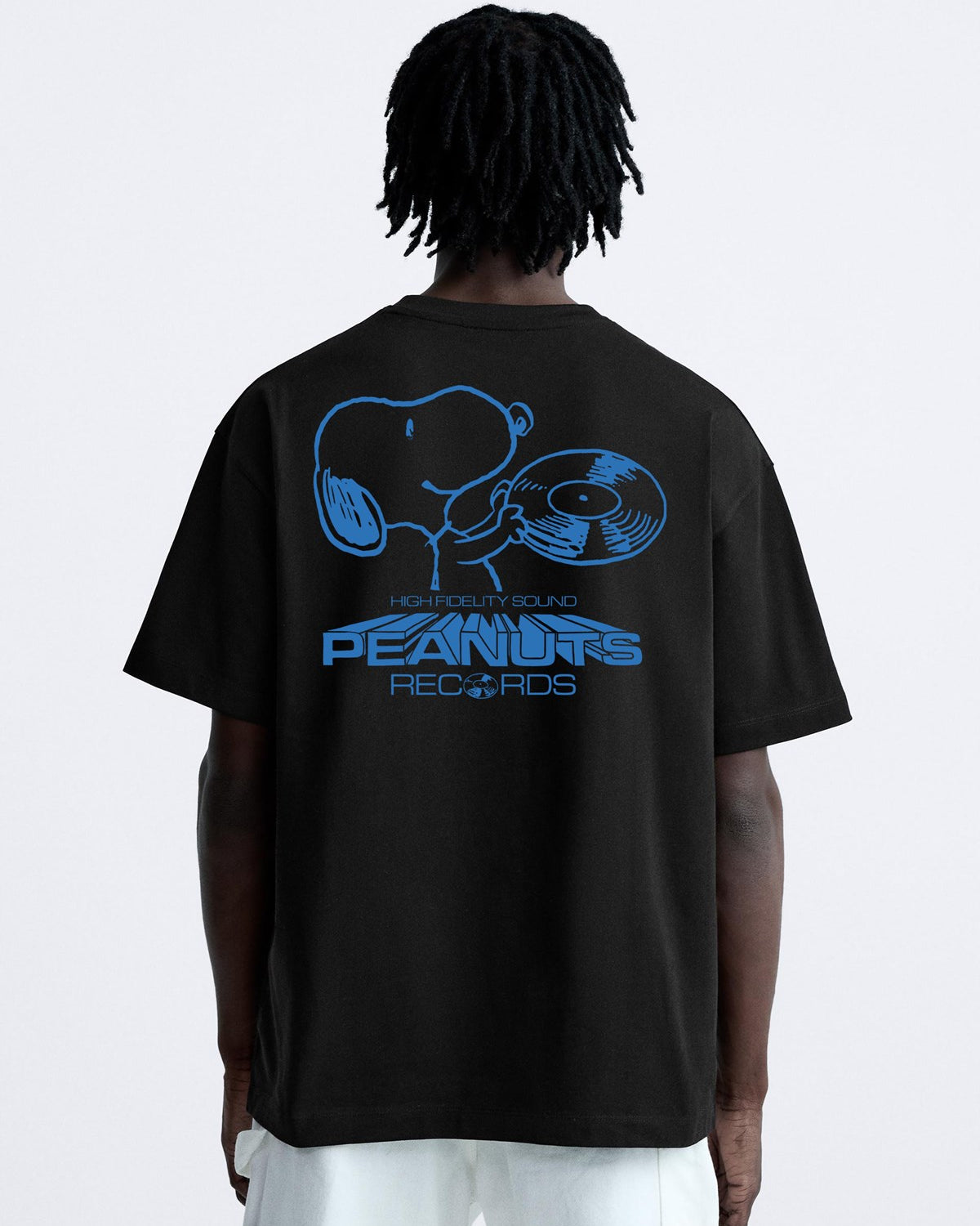 Bisiklet Yaka Peanuts Records Baskılı Oversize Siyah Erkek T-shirt