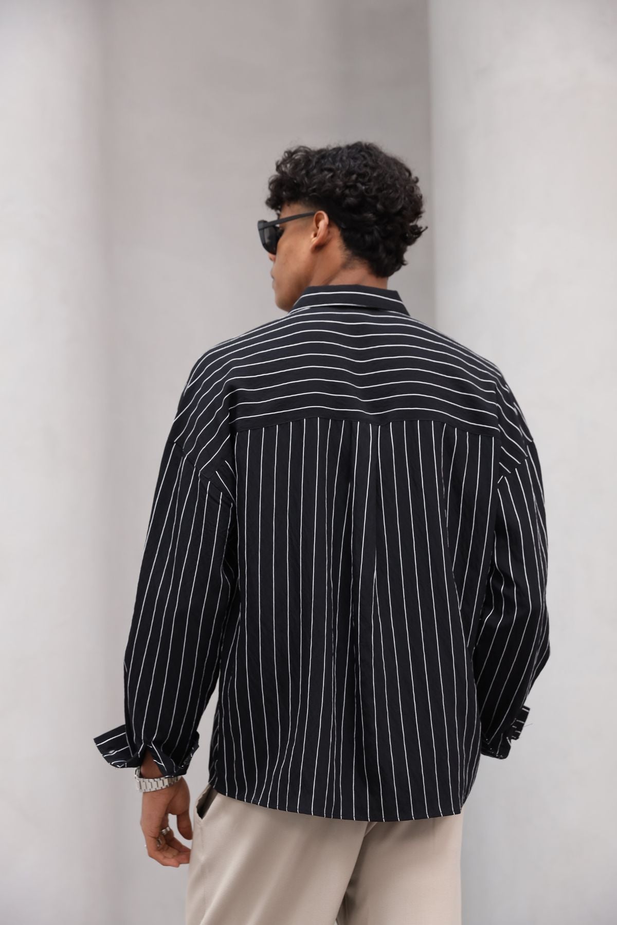 Çizgili Naturel Renk Oversize Erkek Gömlek