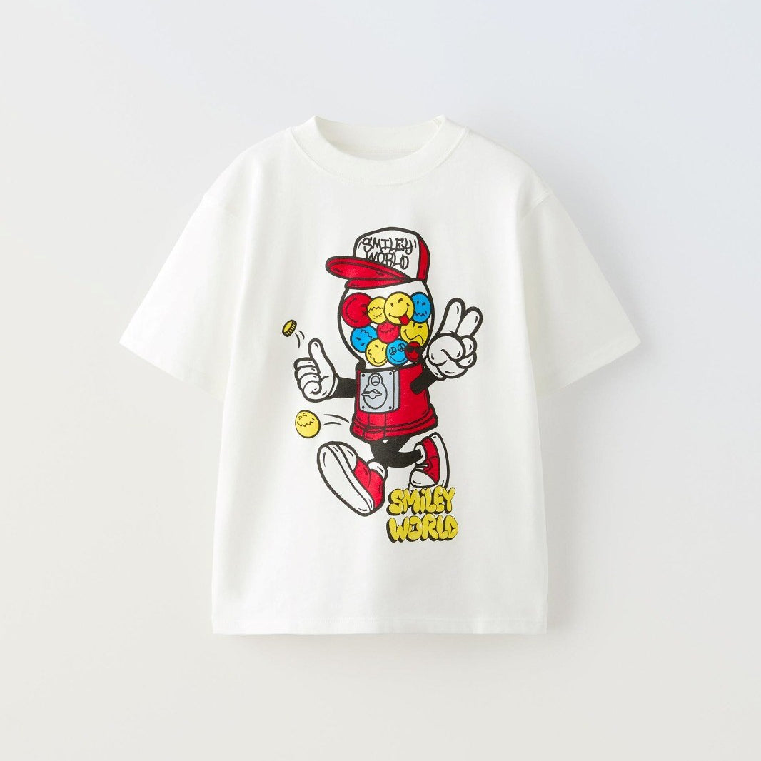 Smiley World Baskılı Beyaz Erkek Çocuk T-shirt