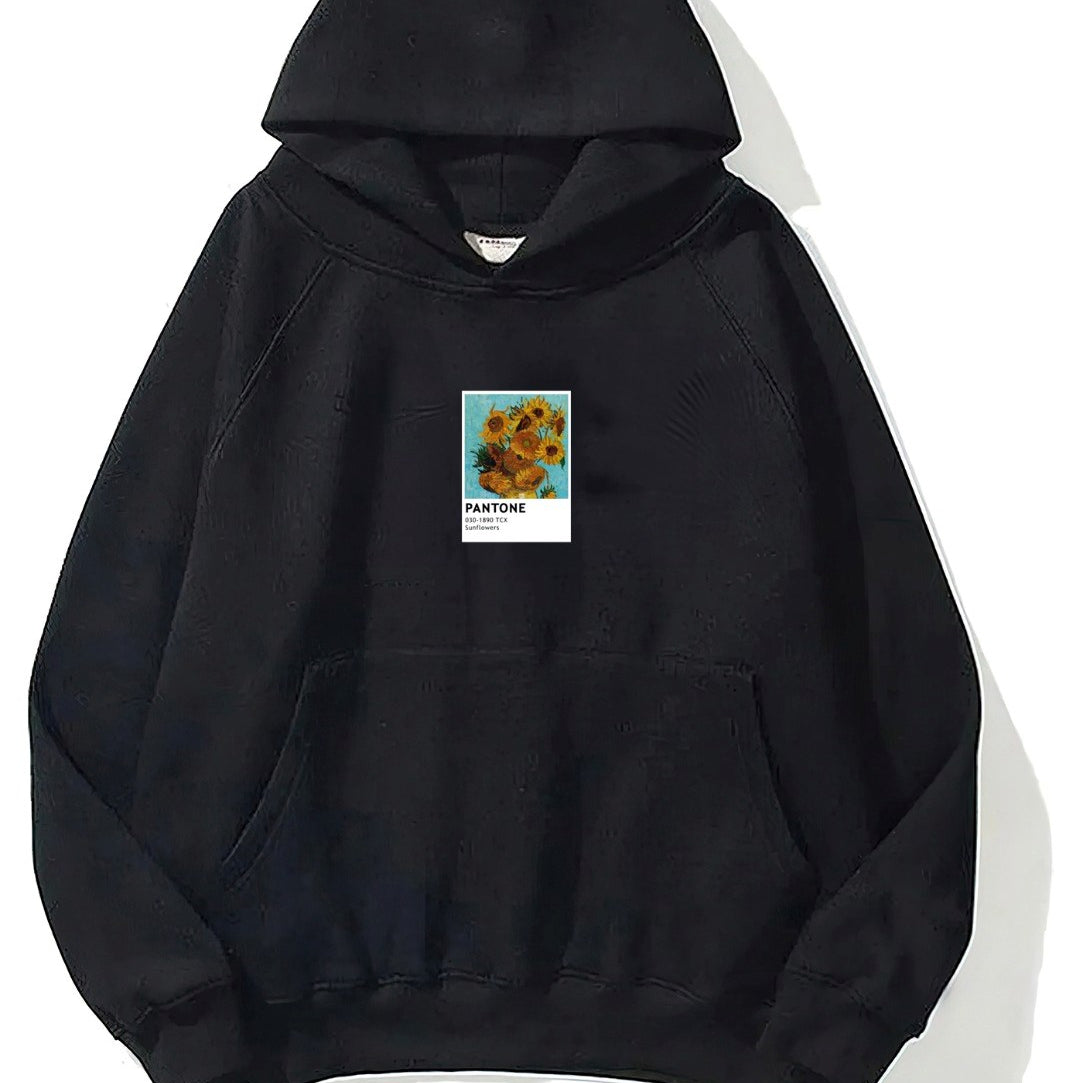 Kapüşonlu İçi Polar Sunflowers Baskılı Siyah Unisex Oversize Hoodie Sweatshirt