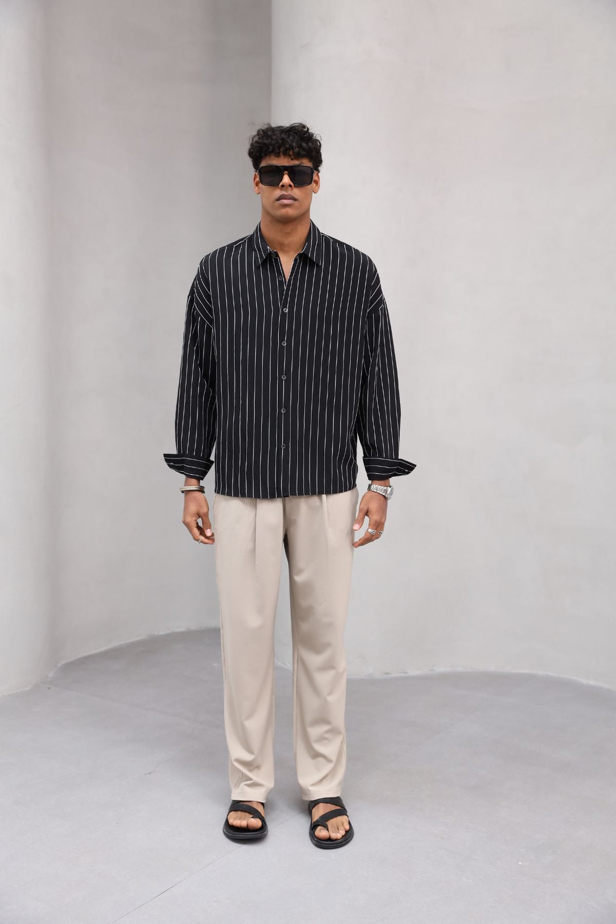 Çizgili Naturel Renk Oversize Erkek Gömlek