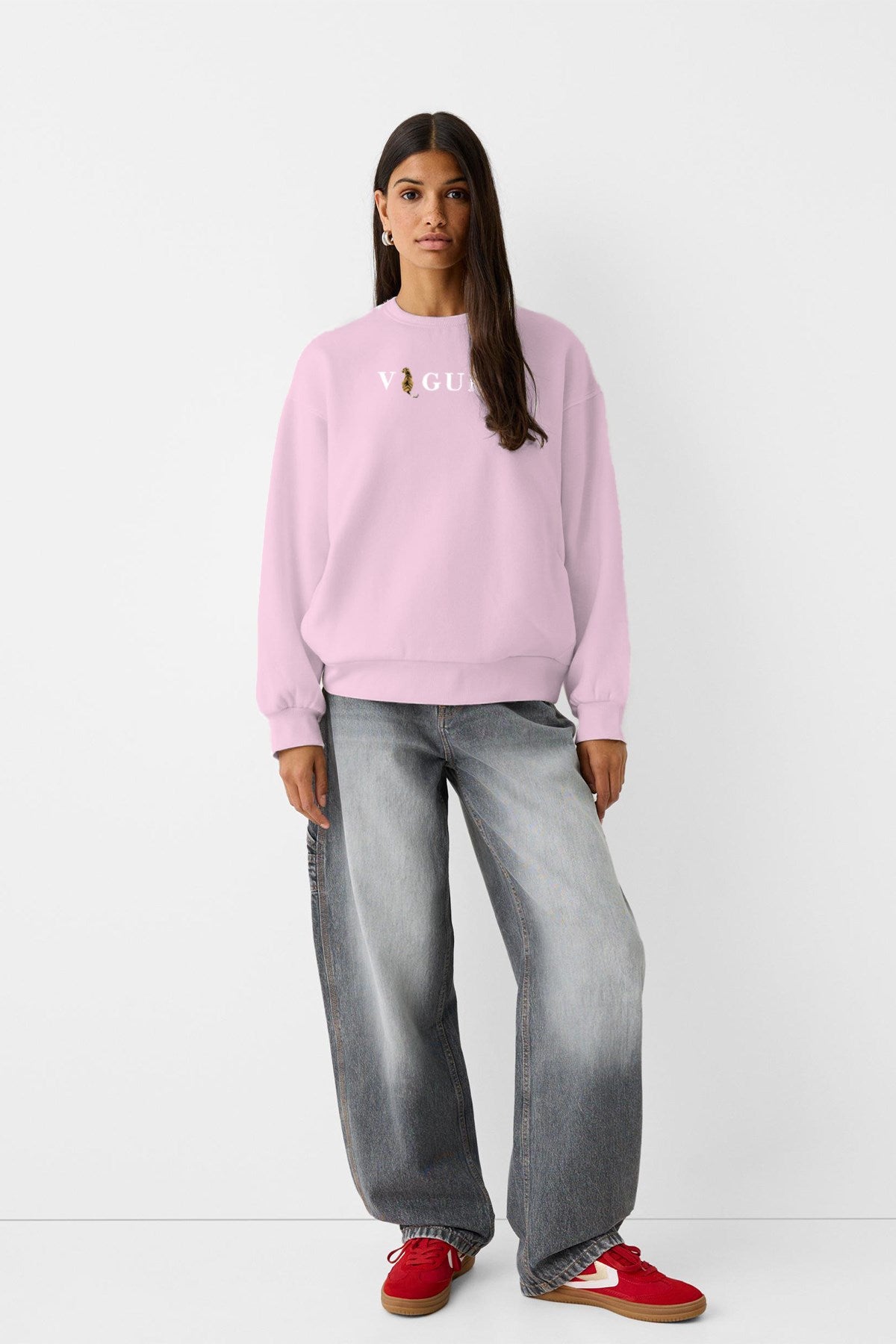 Vogue Yazı Baskılı Bisiklet Yaka İçi Polar Oversize Kesim Unisex Pembe Sweatshirt