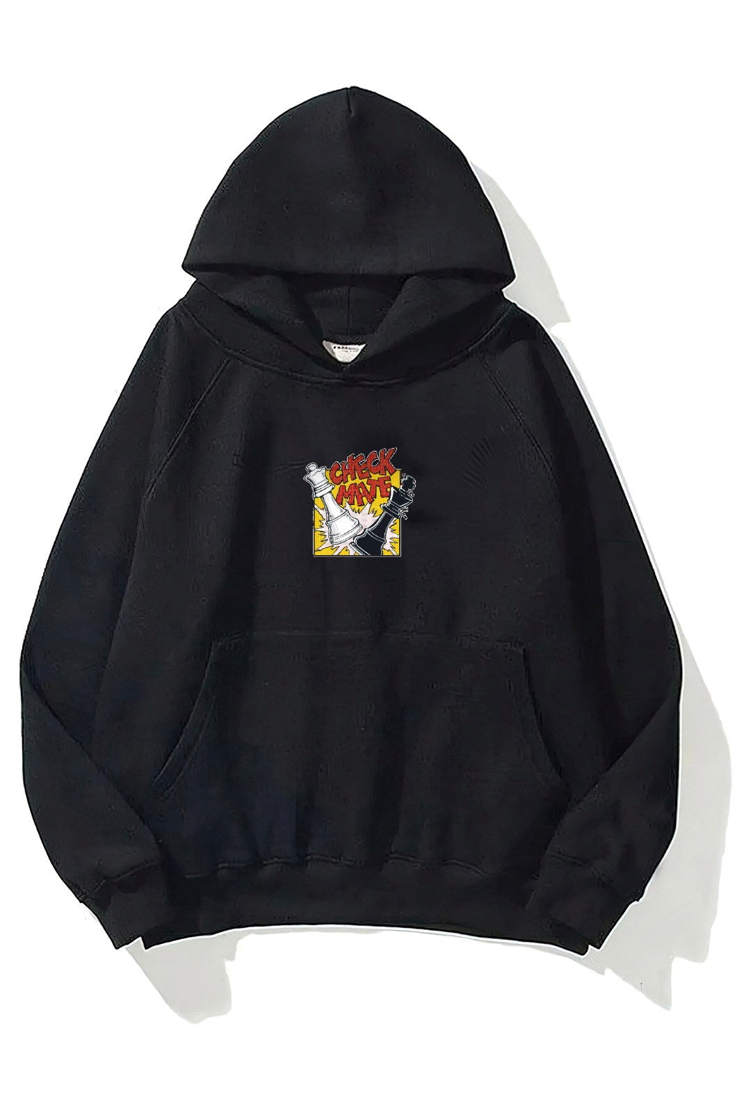 Kapüşonlu İçi Polar Satranç Cartoon Baskılı Siyah Unisex Oversize Hoodie Sweatshirt