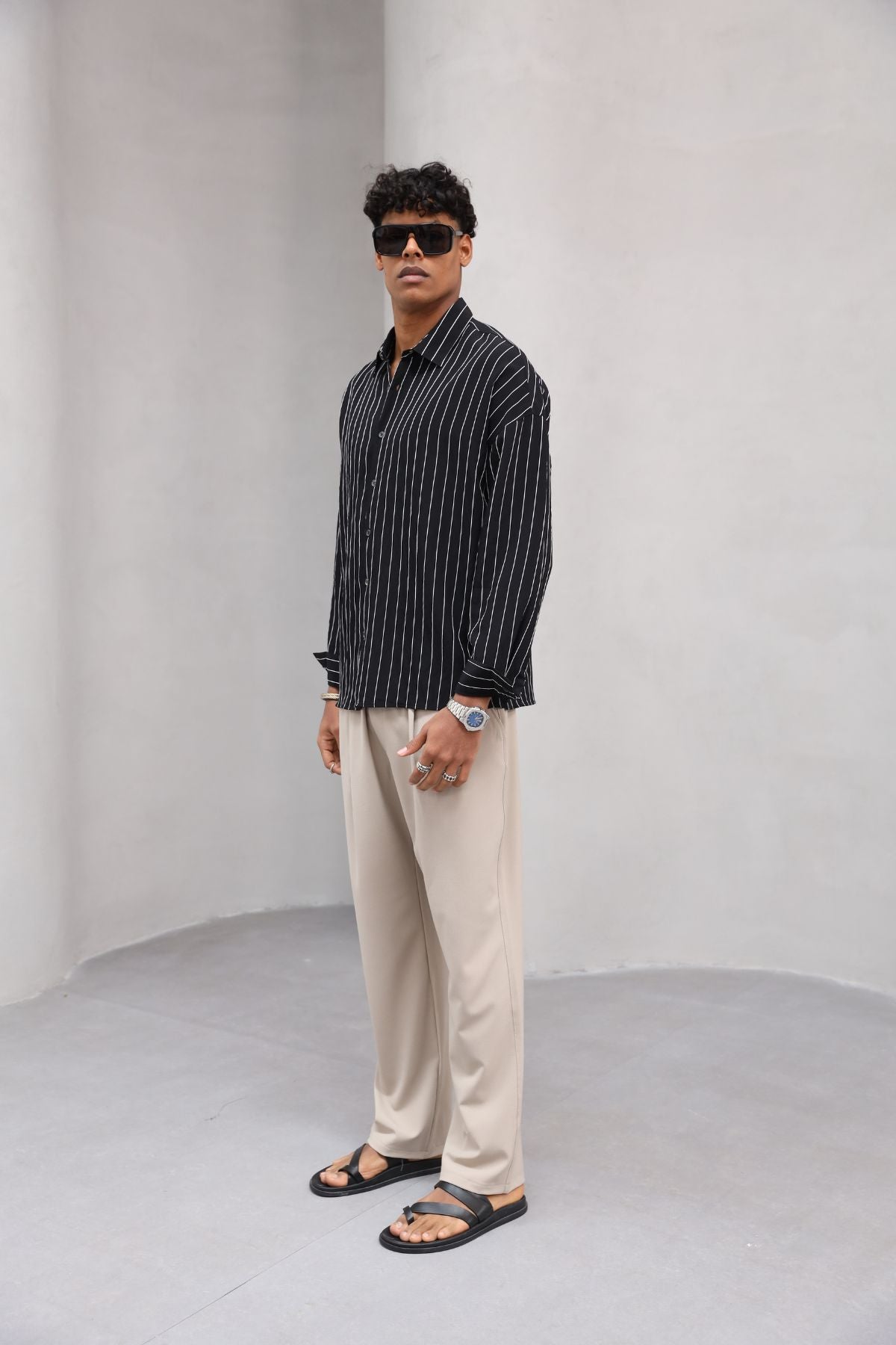 Çizgili Naturel Renk Oversize Erkek Gömlek