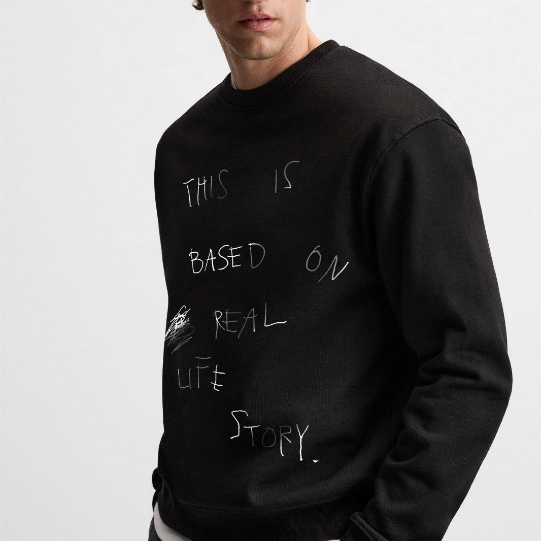 Bisiklet Yaka İçi Polar Life Story Yazı Baskılı Füme Oversize Sweatshirt