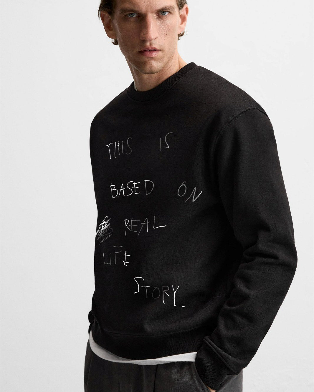 Bisiklet Yaka İçi Polar Life Story Yazı Baskılı Füme Oversize Sweatshirt