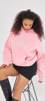 Amor Yazılı Taş Baskılı Kapüşonlu İçi Polar Oversize Pembe Sweatshirt