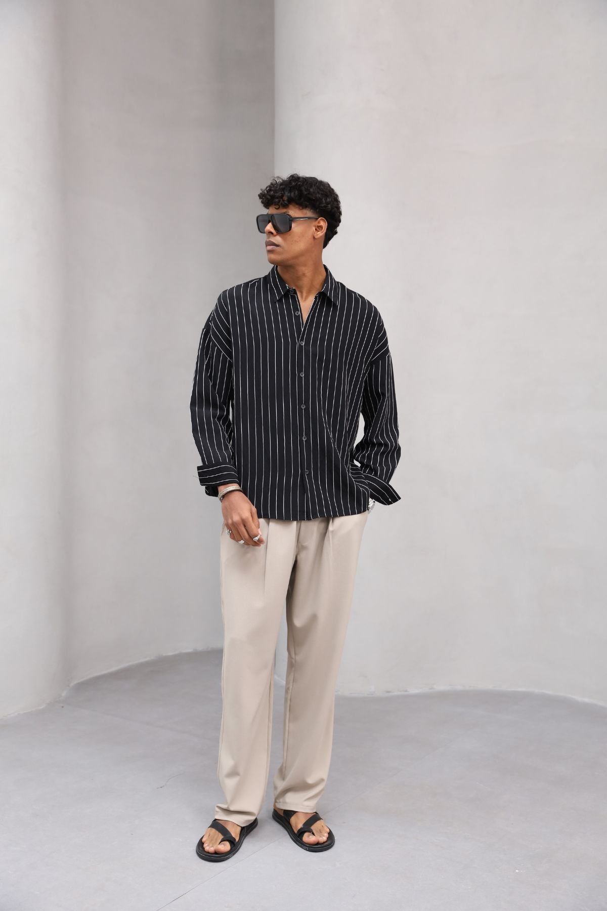 Çizgili Naturel Renk Oversize Erkek Gömlek