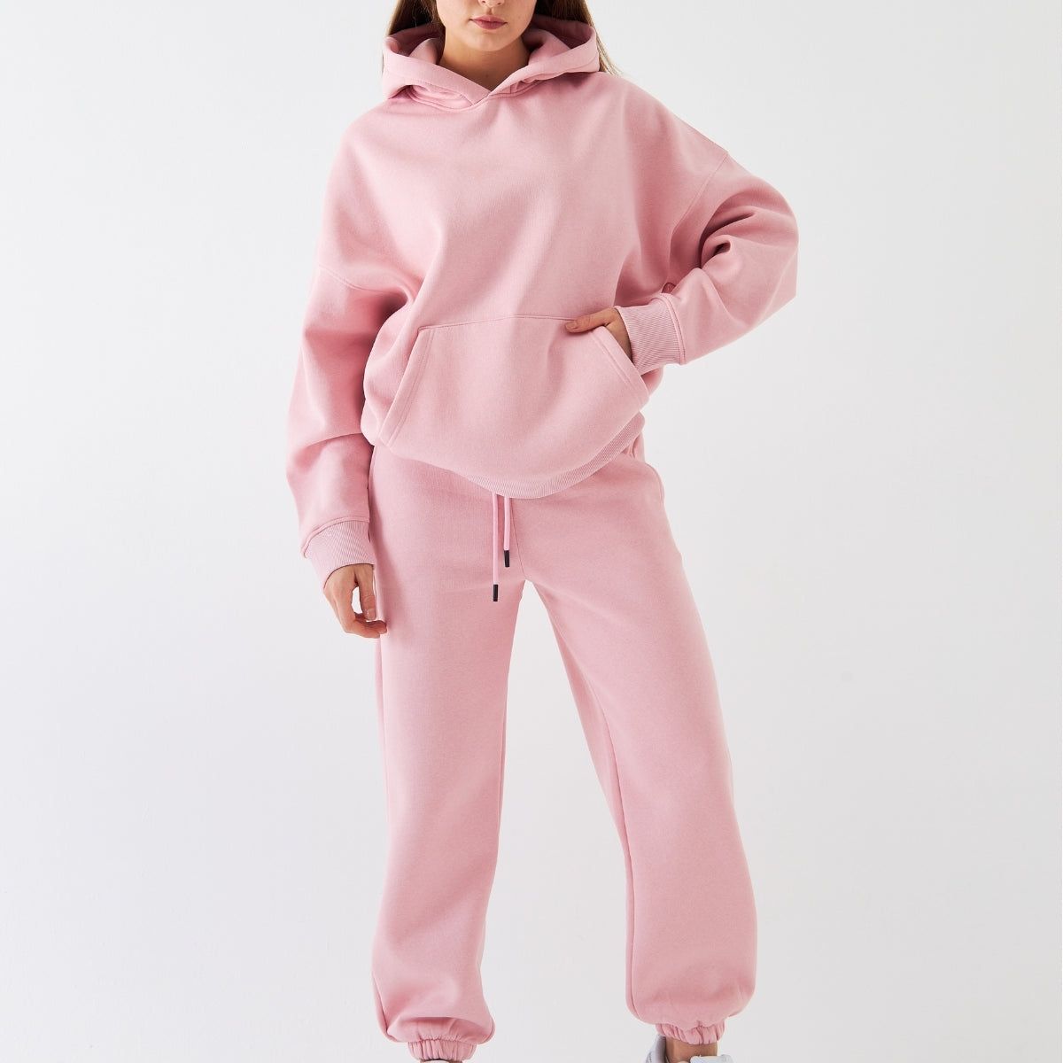 Oversize Unisex Eşofman Takımı Pembe – Basic, 3 İplik Şardonlu Polar; Kapüşonlu Üst, Lastikli Alt