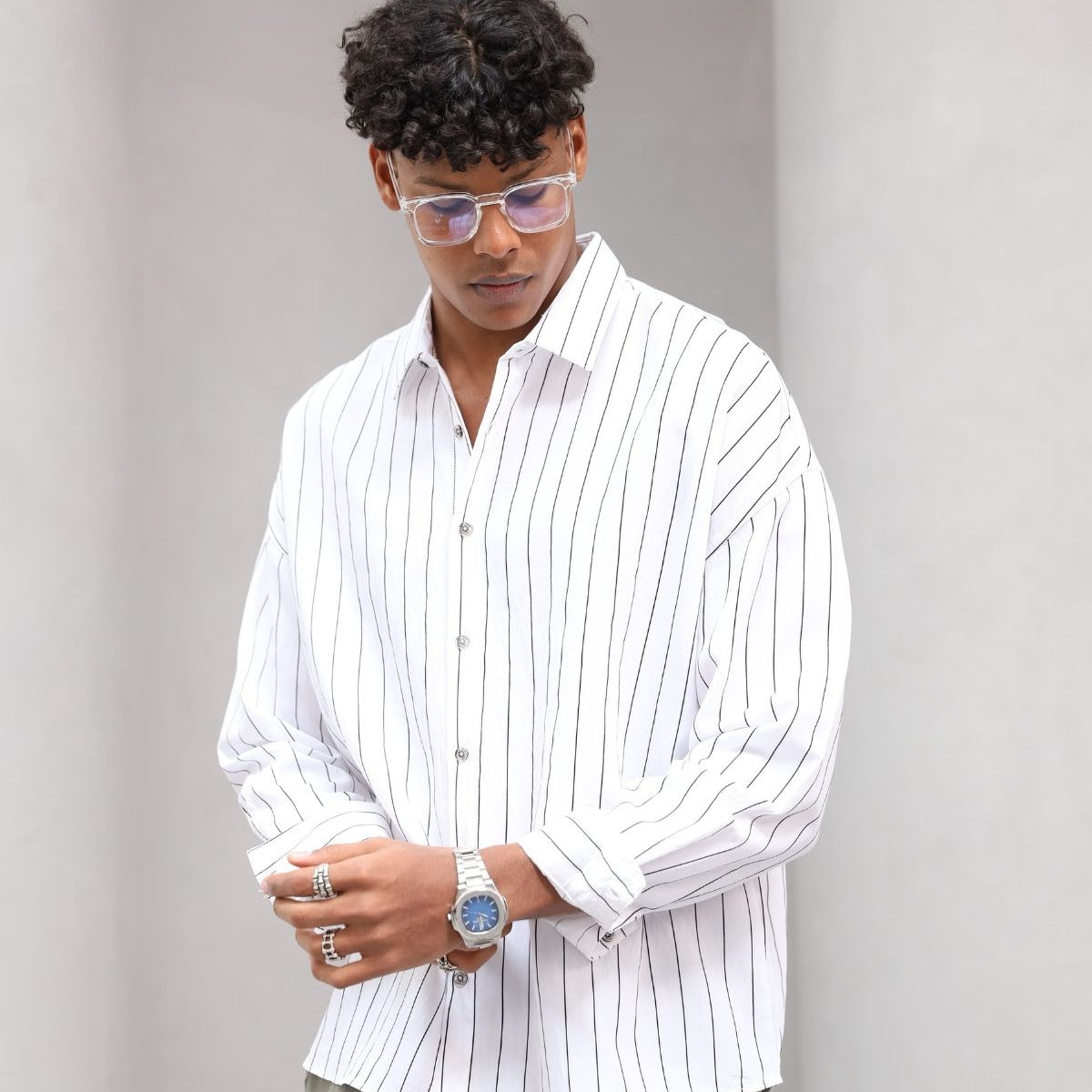 Çizgili Naturel Renk Oversize Erkek Gömlek