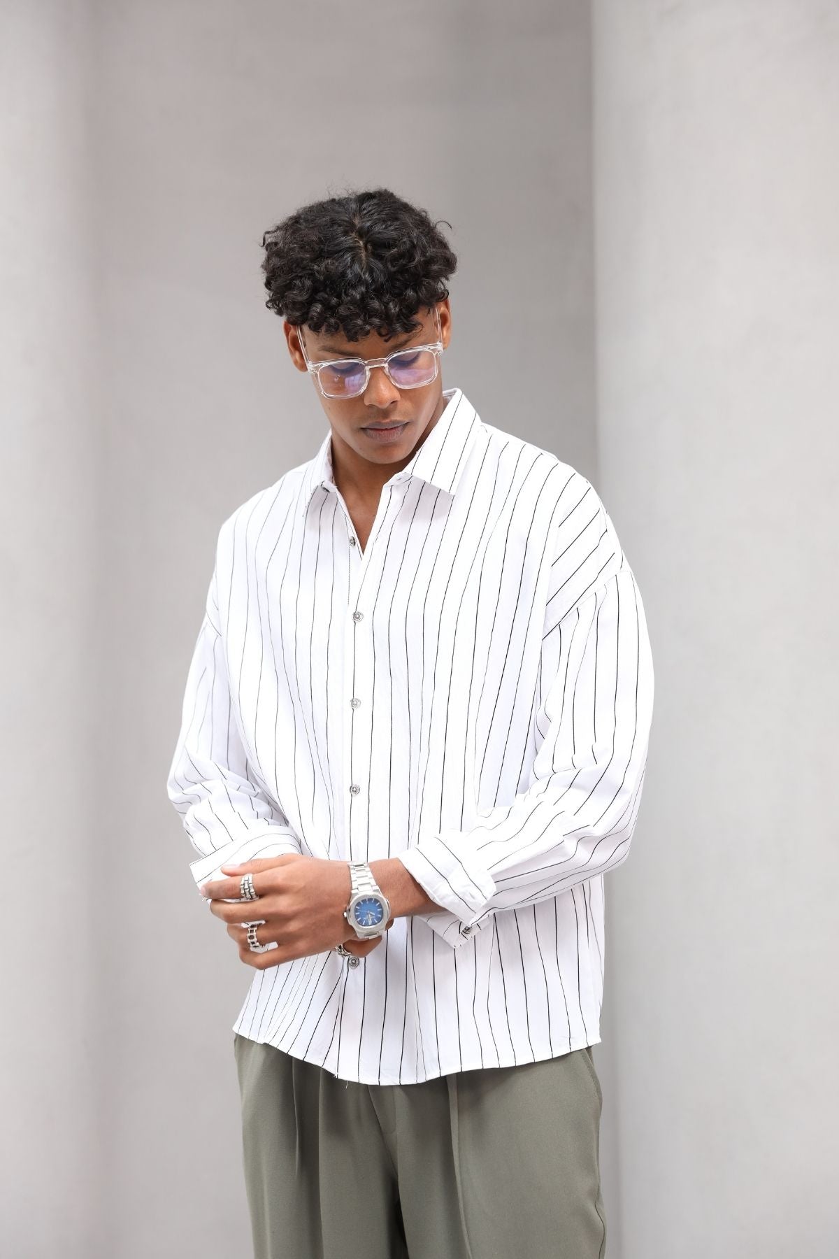 Çizgili Naturel Renk Oversize Erkek Gömlek