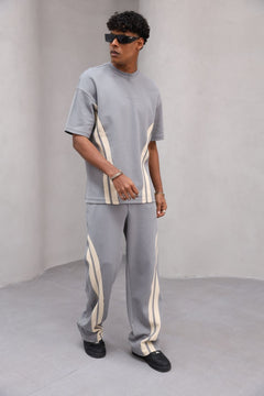 Rahat Kesim Şerit Detaylı Minimal Çizgili Oversize Erkek Günlük Takım