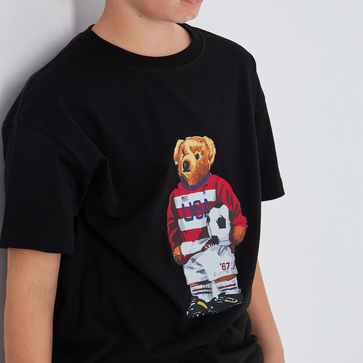 Teddy Bear Baskılı %100 Pamuk Erkek Oversize Çocuk Tişört Siyah