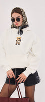 Kapüşonlu İçi Polar Teddy Bear Leopar Baskılı Beyaz Unisex Hoodie Sweatshirt