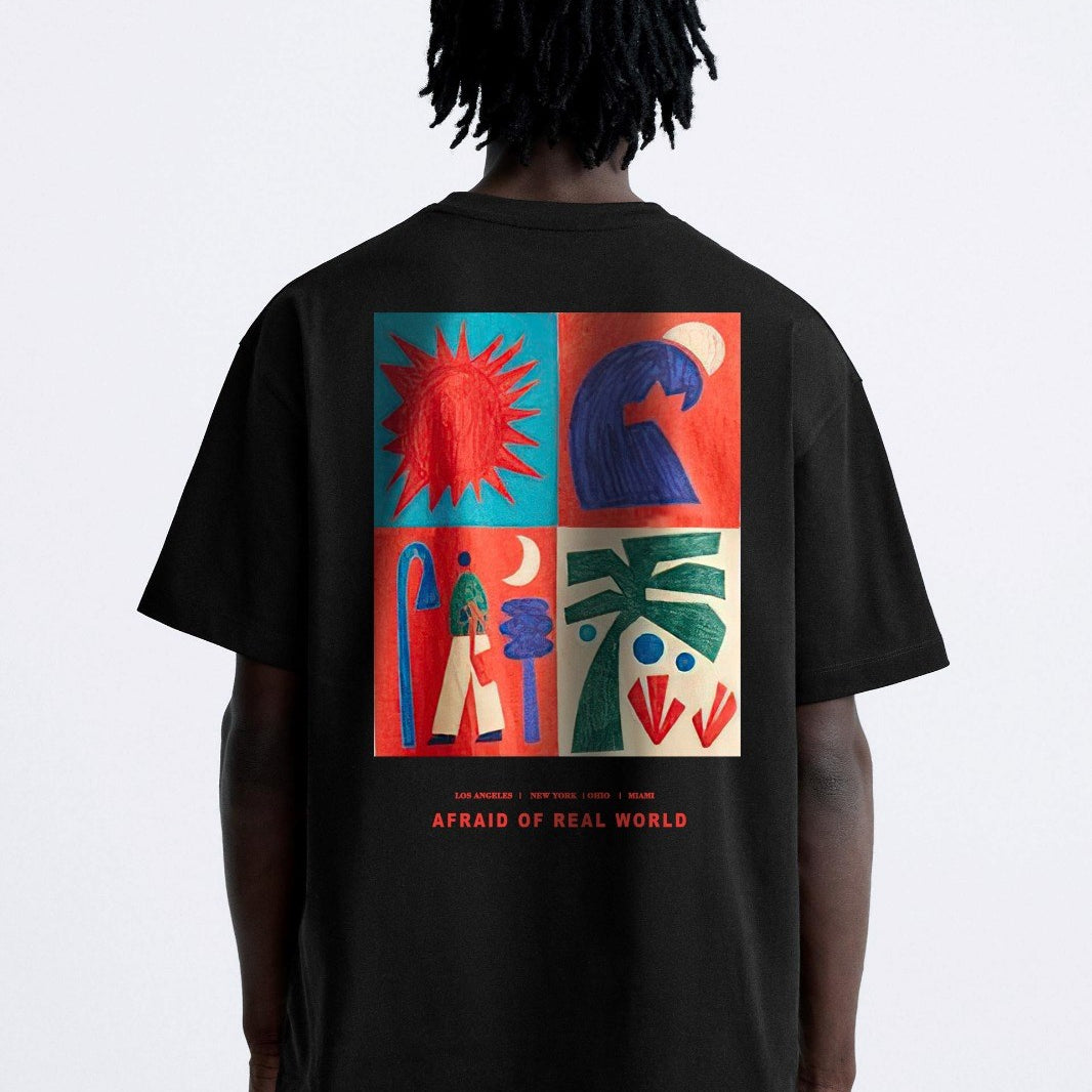 Bisiklet Yaka Afraid Of Real World Baskılı Siyah Oversize Erkek T-shirt