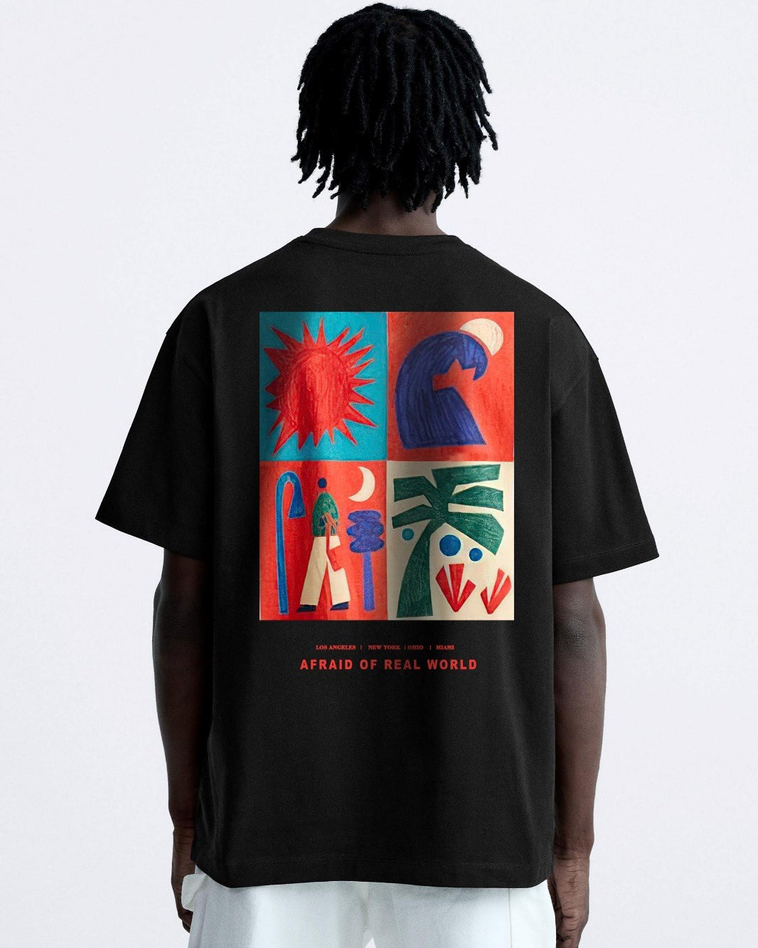 Bisiklet Yaka Afraid Of Real World Baskılı Siyah Oversize Erkek T-shirt