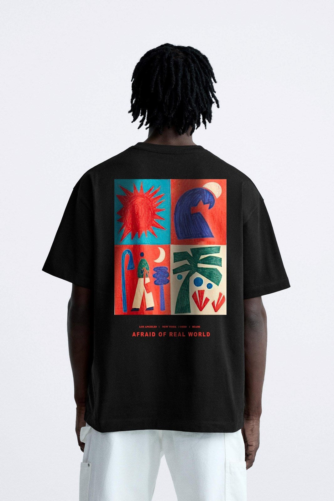 Bisiklet Yaka Afraid Of Real World Baskılı Siyah Oversize Erkek T-shirt