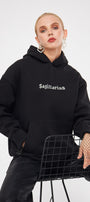 Kapüşonlu İçi Polar Sagittarius Yazılı Taş Baskılı Siyah Oversize Hoodie Sweatshirt