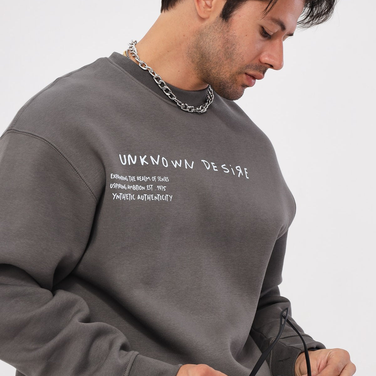 Bisiklet Yaka İçi Polar Unknown Desire Yazı Baskılı Füme Oversize Sweatshirt