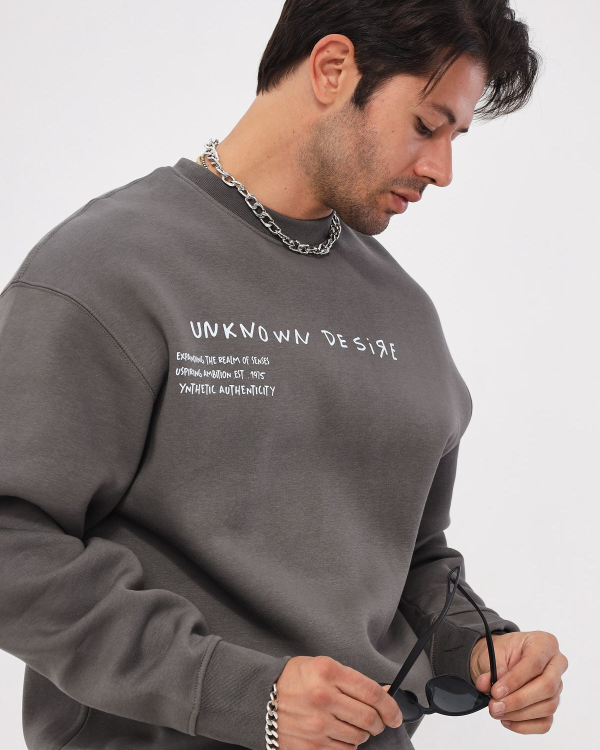 Bisiklet Yaka İçi Polar Unknown Desire Yazı Baskılı Füme Oversize Sweatshirt