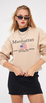 Bisiklet Yaka İçi Polar Manhattan 1984 Yazı Baskılı Bej Oversize Sweatshirt