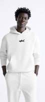 Kapüşonlu İçi Polar Shark Baskılı Beyaz Oversize Hoodie Sweatshirt