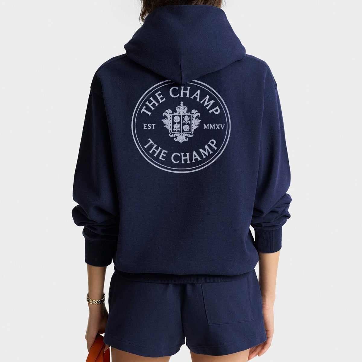 Unisex Lacivert Kapüşonlu Sweatshirt – The Champ Armalı, 3 İplik Şardonlu, Şehir ve Kolej Stili