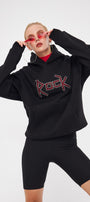 Kapüşonlu İçi Polar Rock Yazılı Taş Baskılı Siyah Oversize Hoodie Sweatshirt