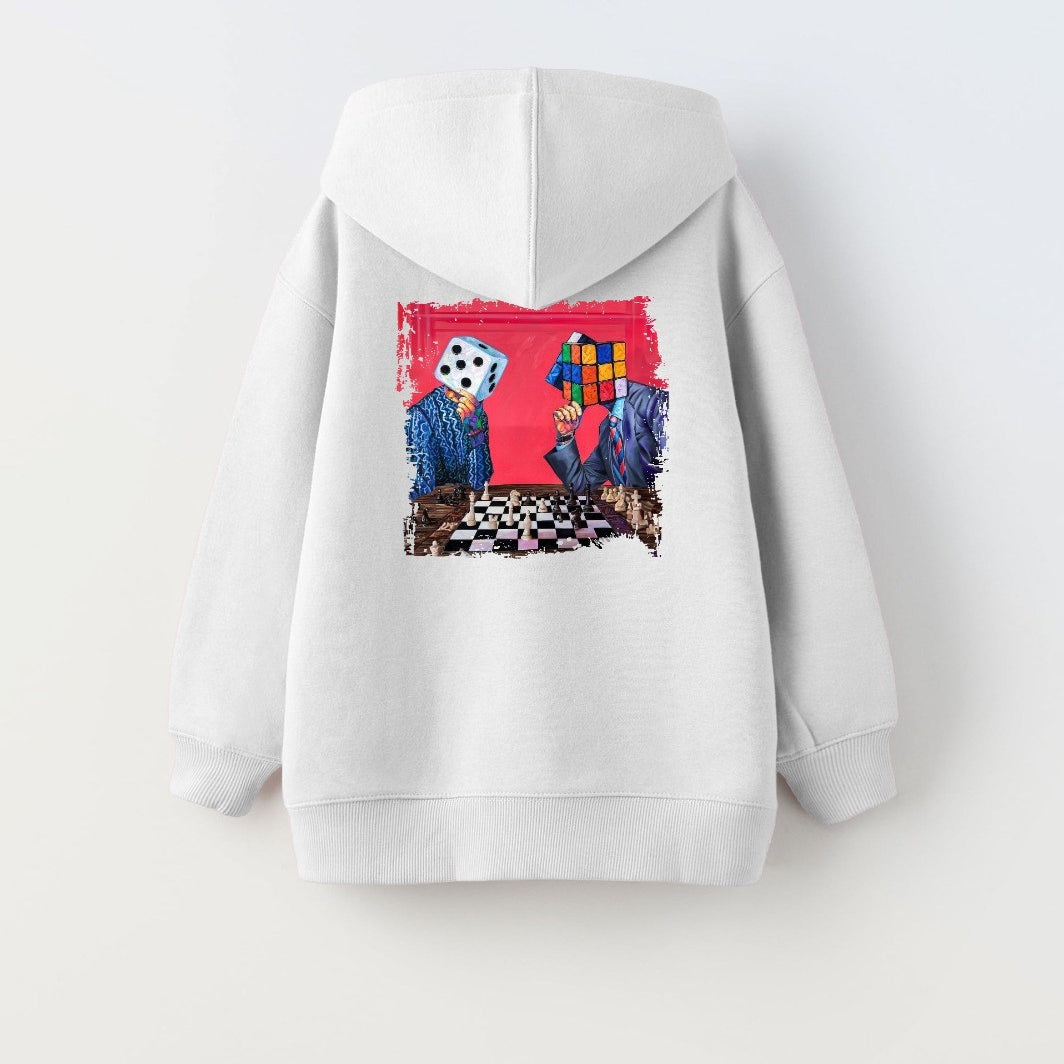 Kapüşonlu İçi Polar Satranç Baskılı Beyaz Unisex Çocuk Hoodie Sweatshirt