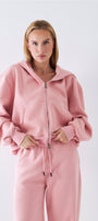 Kadın Oversize Eşofman Takımı Zip Pembe – Fermuarlı, Kapüşonlu, Bol Paça,  3 İplik Şardonlu Polar