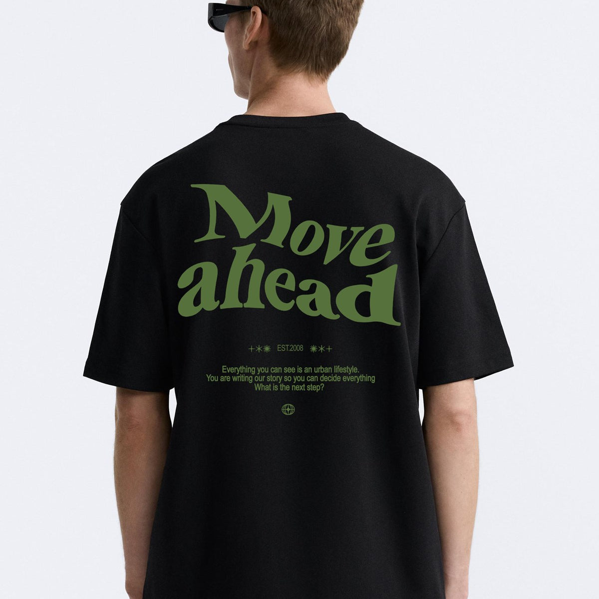 Bisiklet Yaka Move Ahead Yazılı Kordinat Baskılı Oversize Siyah Erkek T-shirt
