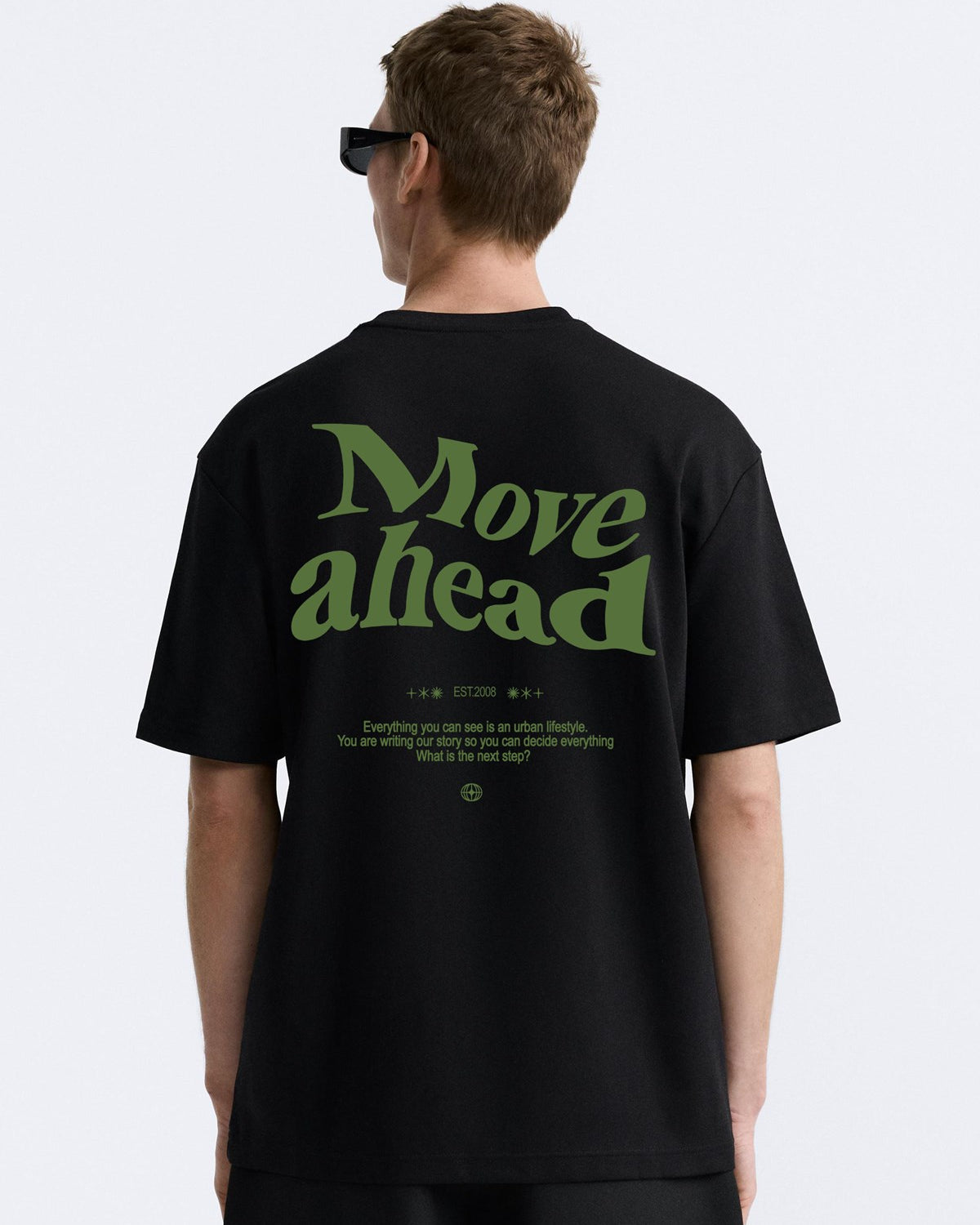 Bisiklet Yaka Move Ahead Yazılı Kordinat Baskılı Oversize Siyah Erkek T-shirt