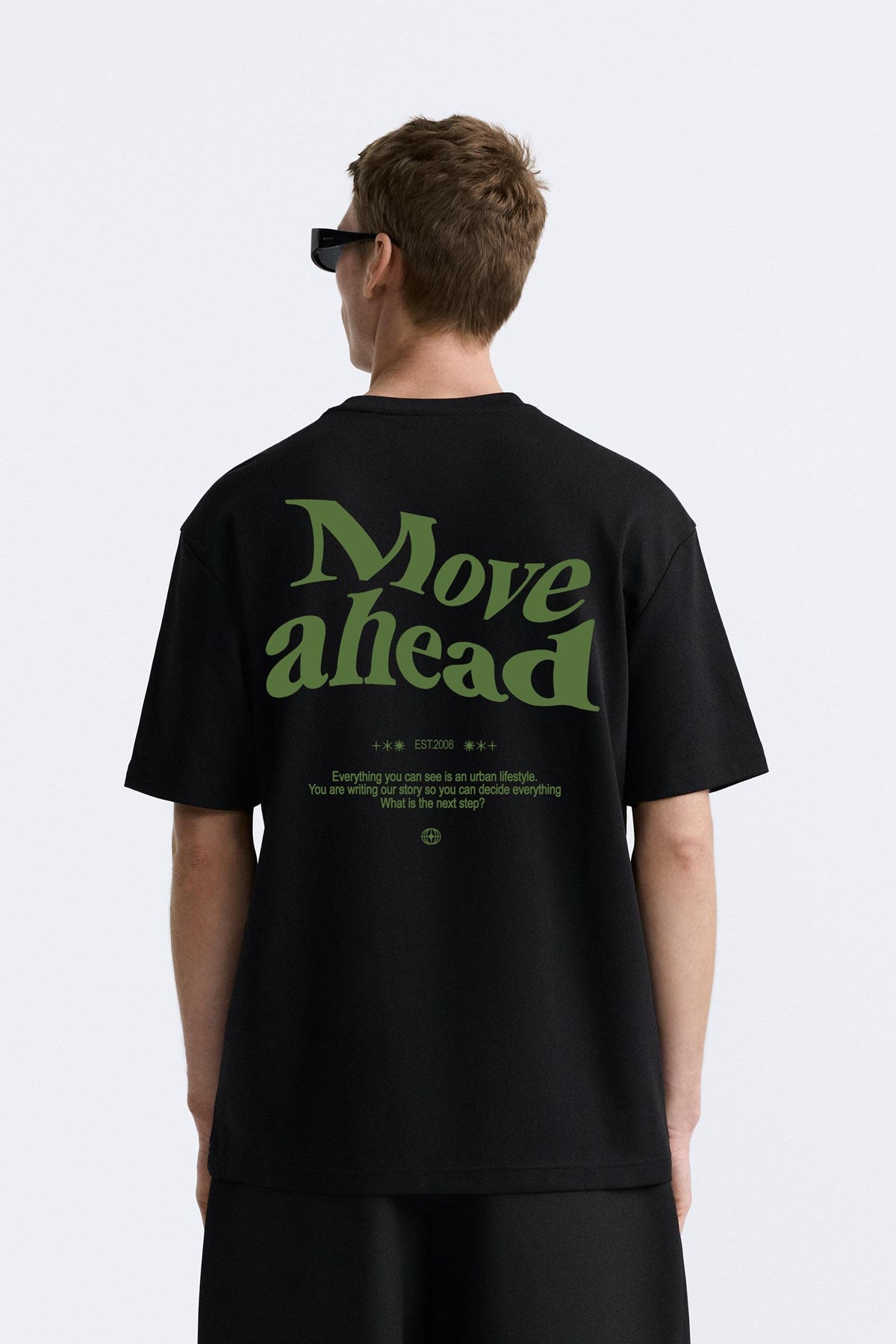 Bisiklet Yaka Move Ahead Yazılı Kordinat Baskılı Oversize Siyah Erkek T-shirt