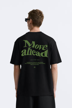 Bisiklet Yaka Move Ahead Yazılı Kordinat Baskılı Oversize Siyah Erkek T-shirt