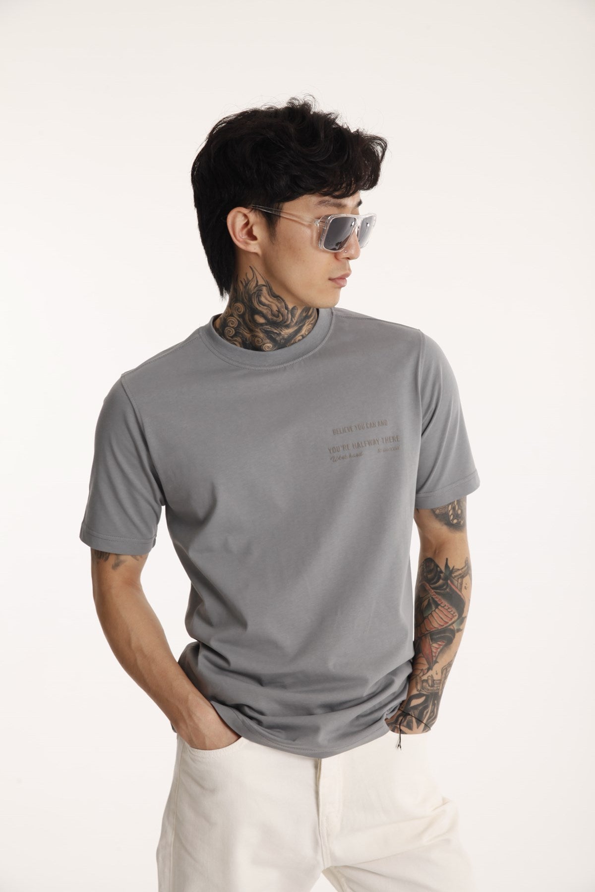 Bisiklet Yaka Erkek Work Hard Baskılı Pamuk T-shirt