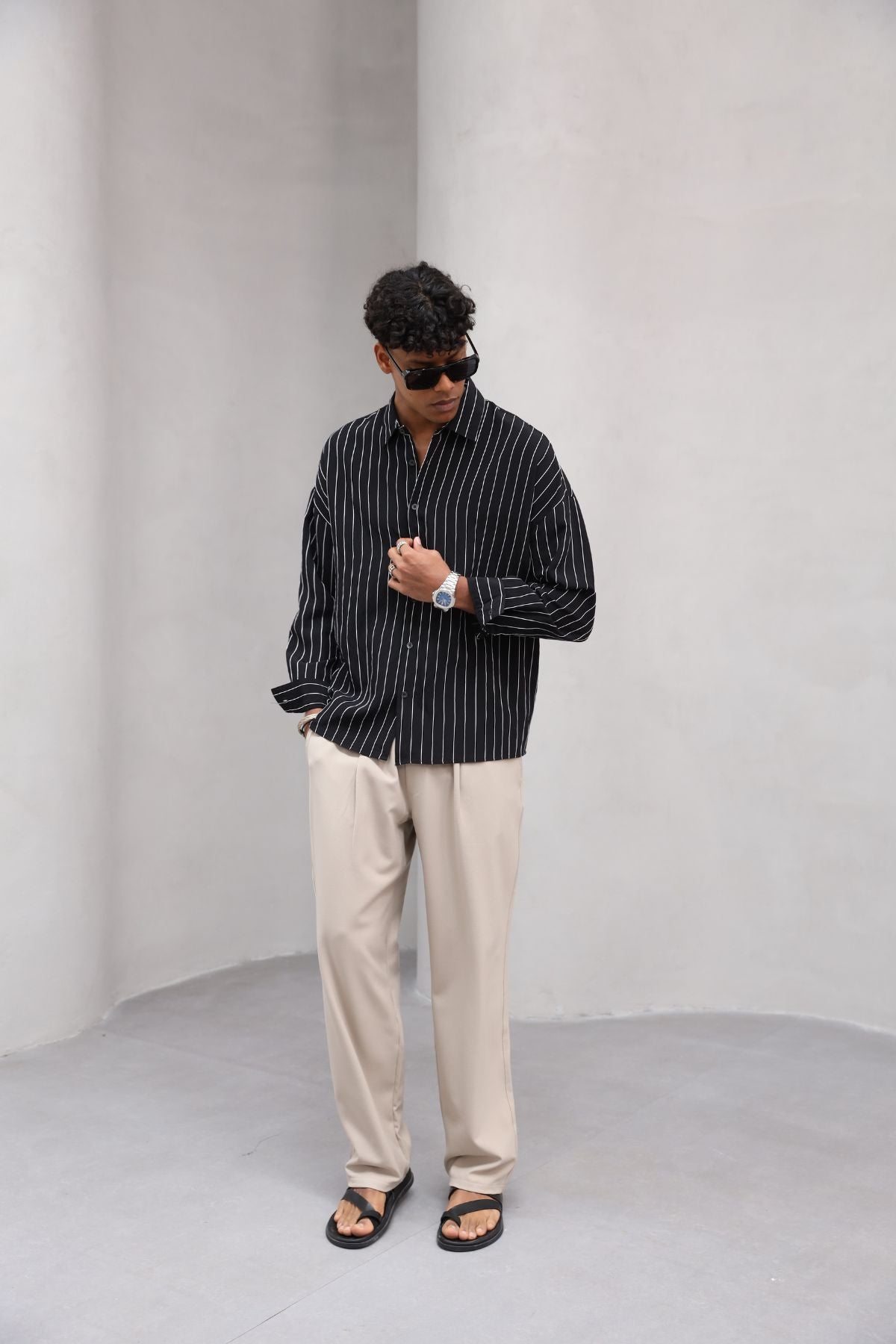 Çizgili Naturel Renk Oversize Erkek Gömlek