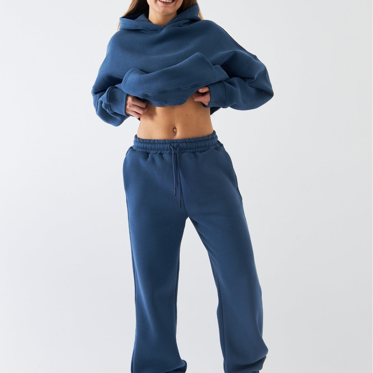 Oversize Unisex Eşofman Takımı Marine – Basic, 3 İplik Şardonlu Polar; Kapüşonlu Üst, Lastikli Alt