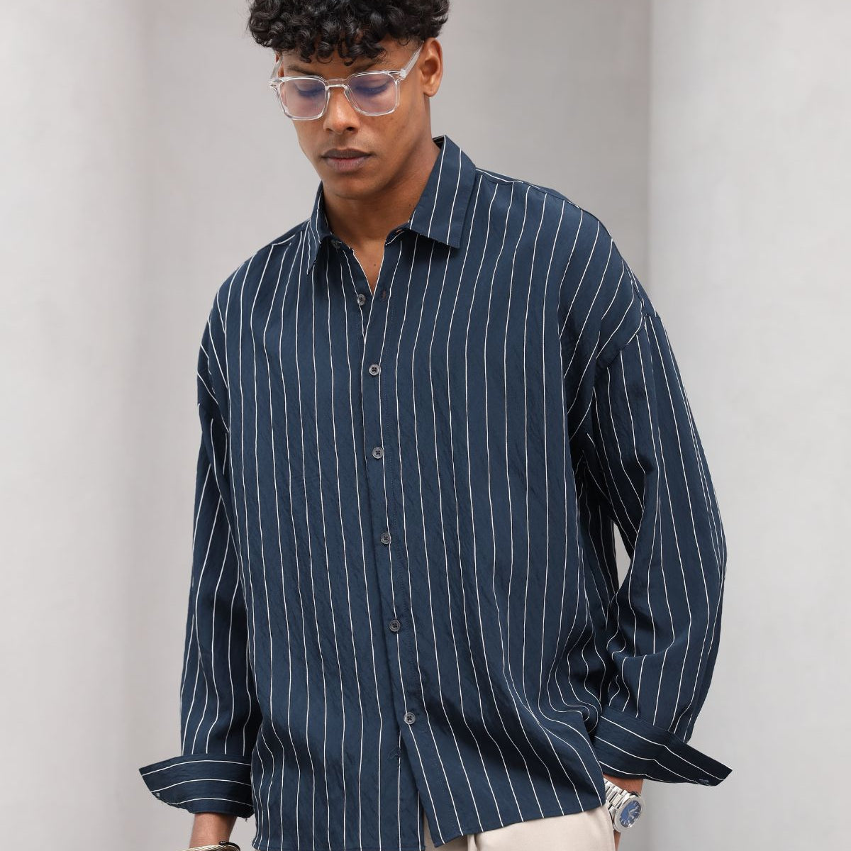 Çizgili Naturel Renk Oversize Erkek Gömlek