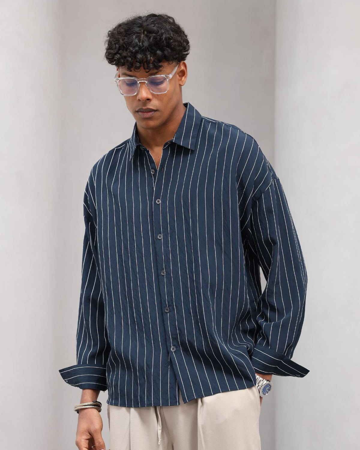 Çizgili Naturel Renk Oversize Erkek Gömlek