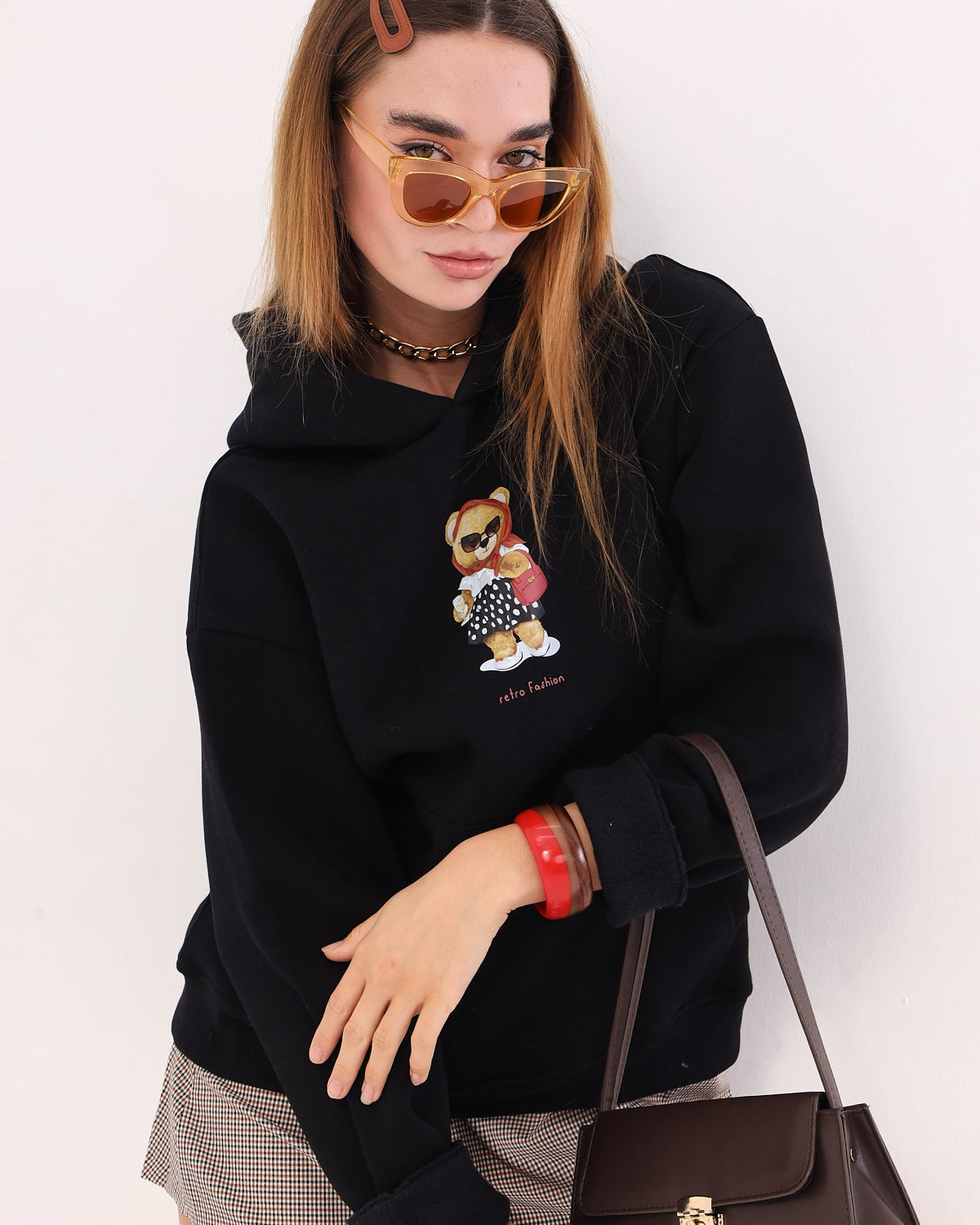 Siyah Kapüşonlu Puantiyeli Ayıcık Baskılı Oversize Unisex Sweatshirt