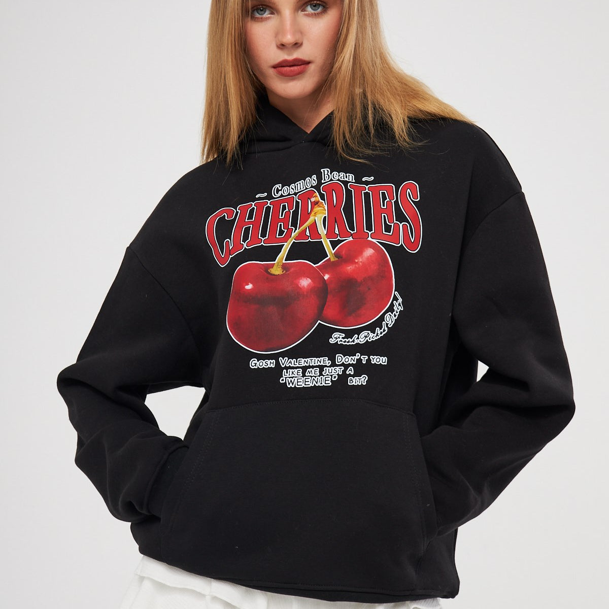 Kapüşonlu İçi Polar Cherries Yazılı Kiraz Baskılı Siyah Oversize Hoodie Sweatshirt
